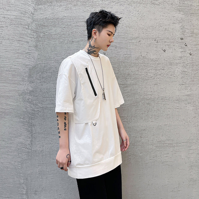 Personality Trend Stitching Functional Zipper Short Sleeve T-shirt For Men