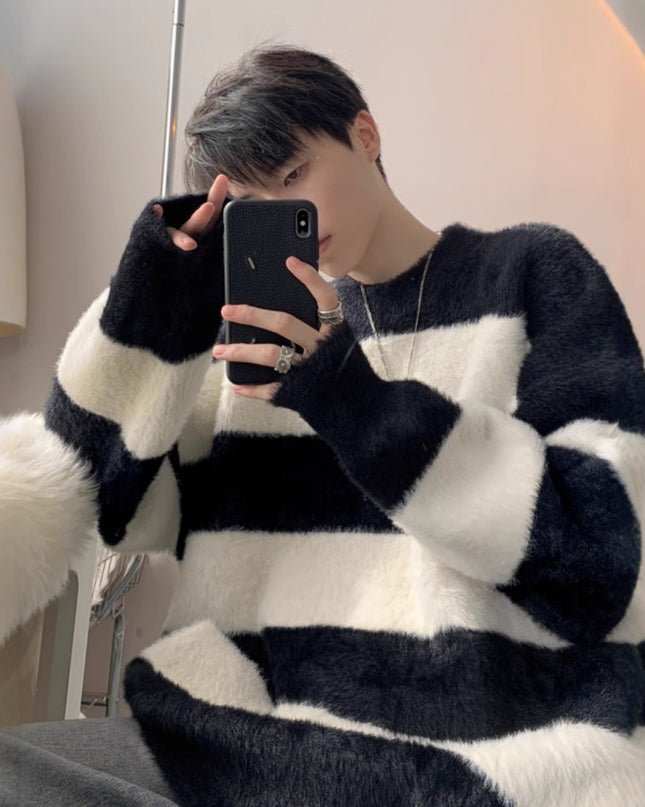 Black And White Striped Sea Sweater Men's Pu Handsome Idle Style Thick
