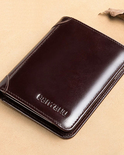 Men's Short Matte Leather Tri-fold Vertical Wallet