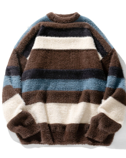 Artificial Mink Fur Contrast Color Striped Round Neck Sweater Japanese-style Retro