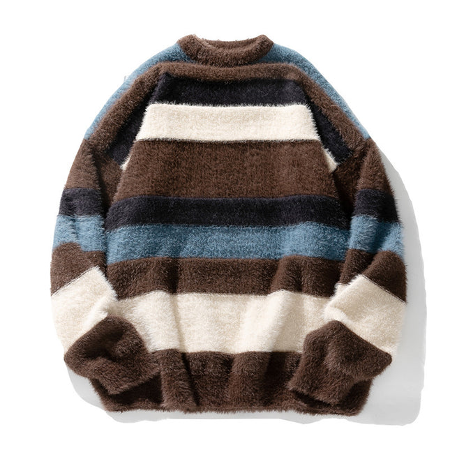 Artificial Mink Fur Contrast Color Striped Round Neck Sweater Japanese-style Retro
