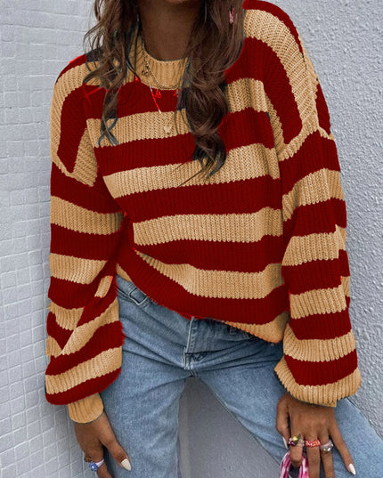 Autumn And Winter New Contrast Color Loose Shoulder Striped Pullover Sweater