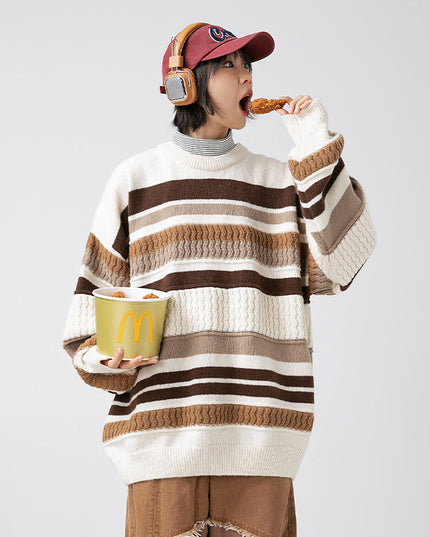 Japanese Round Neck Sweater Men's Striped Color Contrast Patchwork