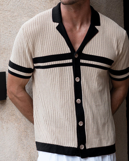 Men's Lapel Short Sleeve Color Matching Casual Shirt