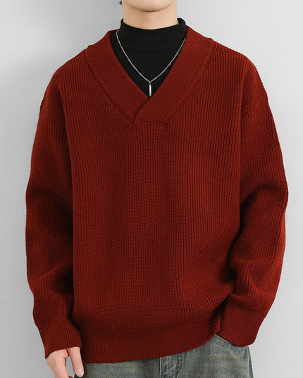New V-neck Fashion Men's Solid Color Coarse Yarn Knitted Sweater