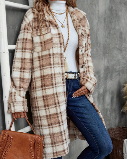 Women's Printed Plaid Long Double-sided Plush Patch Pocket Button Coat