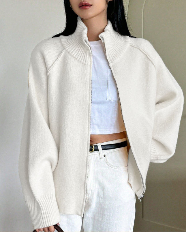 Solid Color Stand Collar Zipper Knitted Cardigan Top
