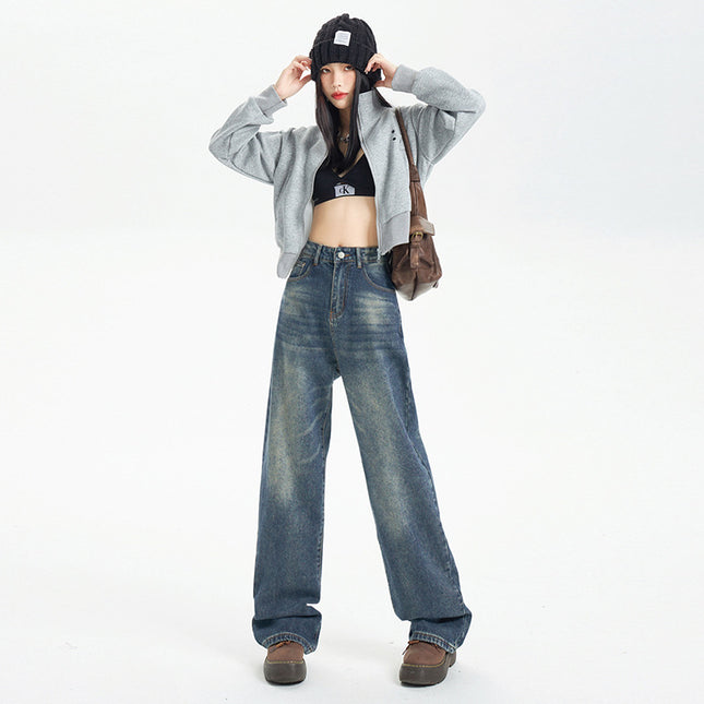 American Style Nostalgic Blue Wide Leg Jeans For Women