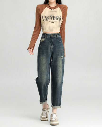 Water Washed Hole Harem Jeans Women