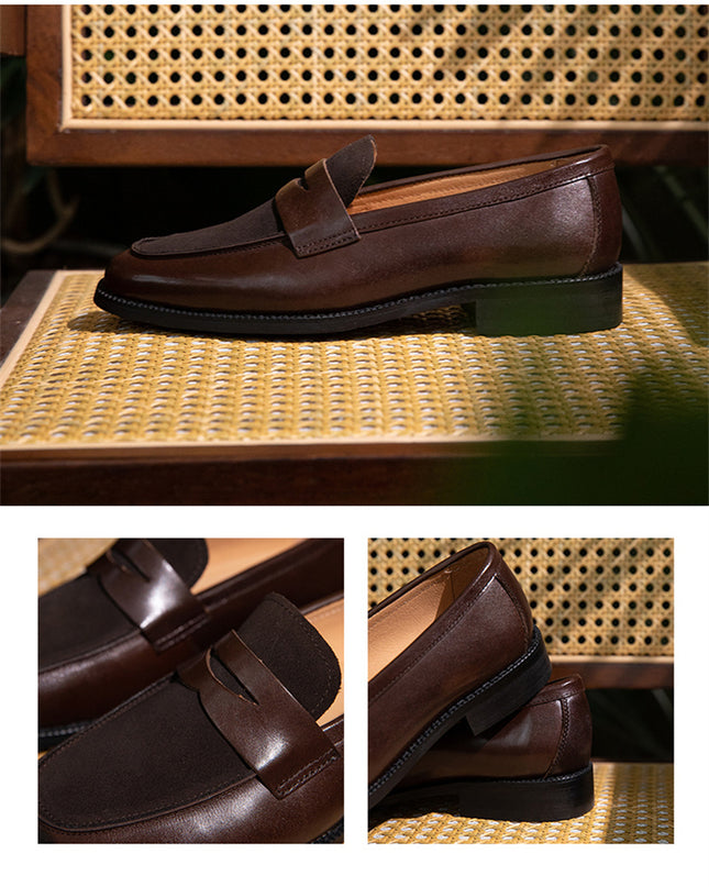 Square Toe Men's Fashion Leather Color Block Casual Shoes