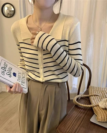 Women's Black And White Autumn Striped Sweater Top