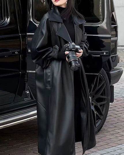 Women's Fashionable Temperament Long Knee Length PU Leather Coat