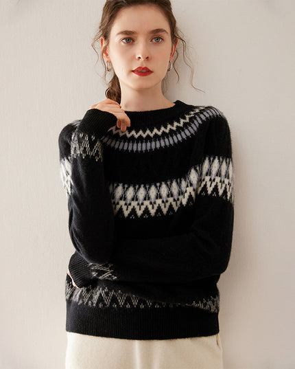 Blue And White Porcelain Contrasting Color Jacquard Cashmere Sweater