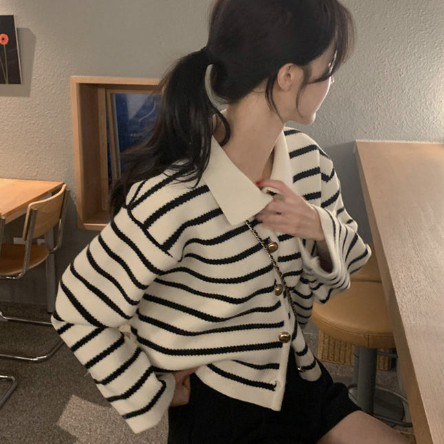 South Korea Chic Winter Retro Anti-aging Lapel Contrast Color Striped Jacquard Metal Button Long Sleeve Knitted Sweater Coat