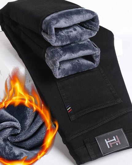 Fleece Padded Jeans Men's Straight Slim Elastic Thickening