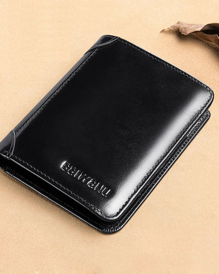 Men's Short Matte Leather Tri-fold Vertical Wallet