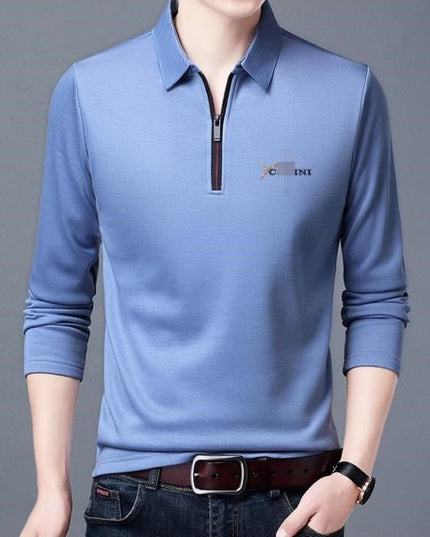 Spring And Autumn Men Long Sleeve Lapel Half Zip T Shirt