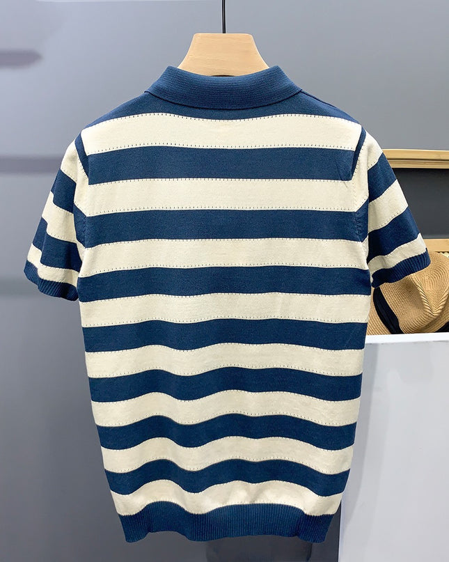 Striped Ice Silk Knitted Polo Shirt Men's Short Sleeve Thin Style Lapel T-shirt Men's Half Sleeve