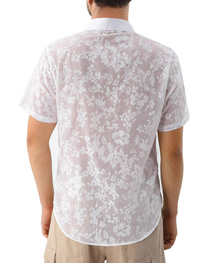 Hawaiian Jacquard Shirt Transparent Cutout Short Sleeve Thin Holiday Beach Shirt