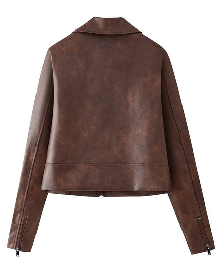 Women's Retro Lapels Long-sleeved Zipper Leather Jacket Skirt
