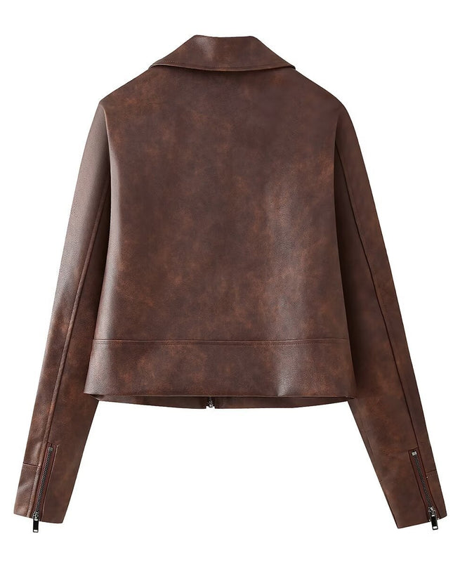 Women's Retro Lapels Long-sleeved Zipper Leather Jacket Skirt