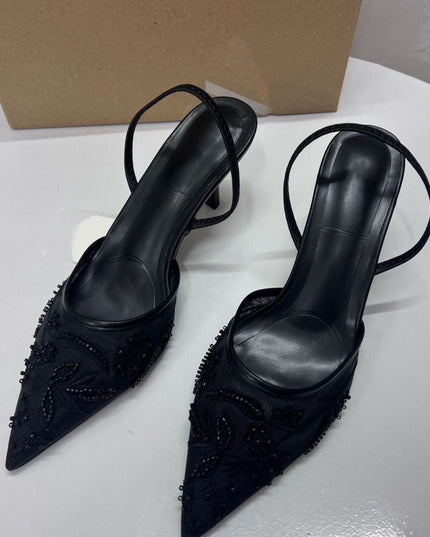 Spring New Product  Women's Rear Strap Embroidered Mesh High Heels