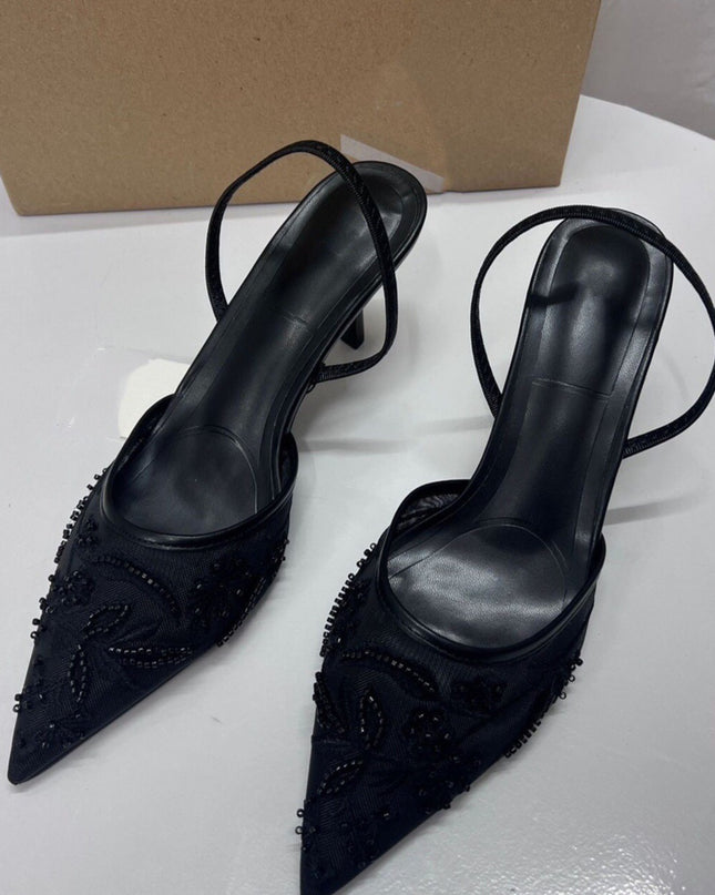Spring New Product  Women's Rear Strap Embroidered Mesh High Heels