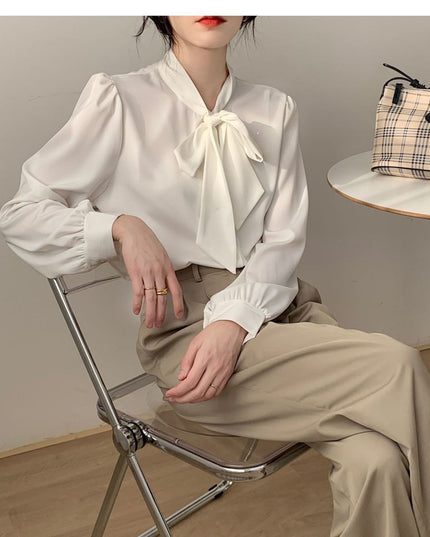 Lace-up Bow Business Wear Solid Color Bottoming Long Sleeve Shirt