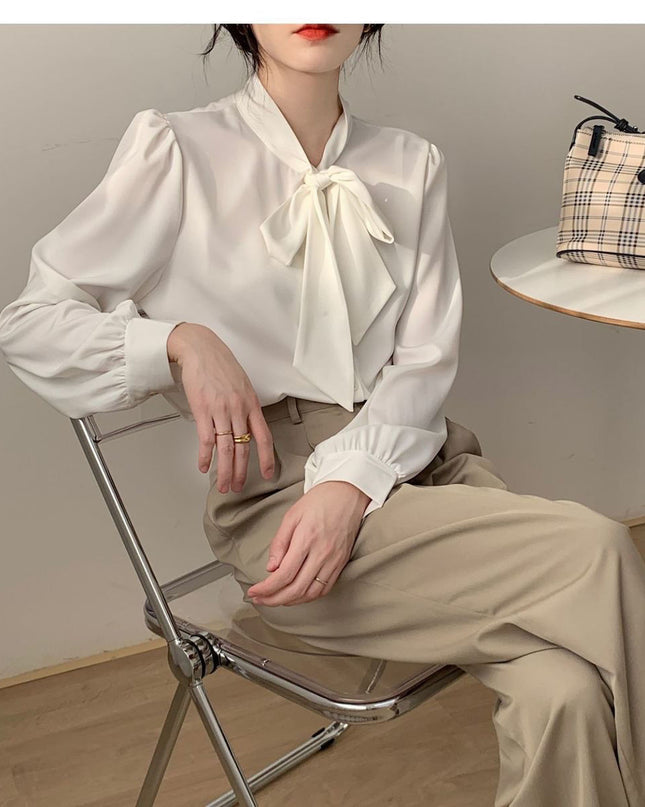 Lace-up Bow Business Wear Solid Color Bottoming Long Sleeve Shirt