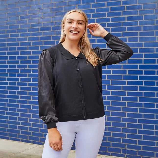 Plus Size Women's Knit Cardigan With Collar & Patchwork Design - Stylish Long Sleeve Casual Sweater For Fall & Spring