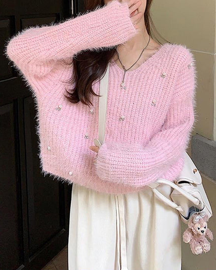 Women's Heavy Industry Beaded Loose Red New Year Pullover Sweater