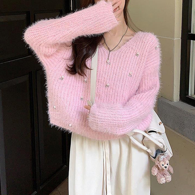 Women's Heavy Industry Beaded Loose Red New Year Pullover Sweater