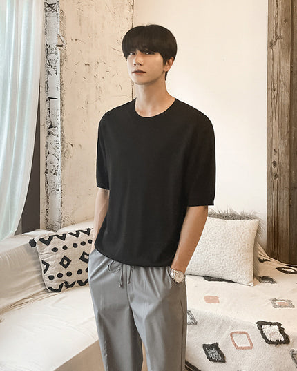 Ice Silk Knitted Short Sleeve T-shirt Men's Korean Style Sweater