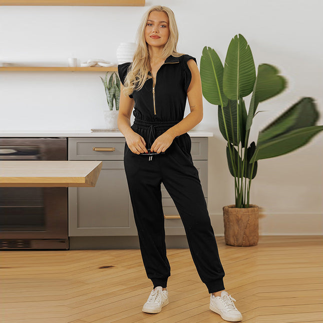 Women's Pure Color Casual Versatile High Waist Multi-pocket Jumpsuit