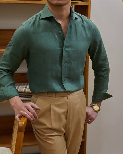 Men's Cotton Linen Casual Solid Color Long Sleeve Shirt