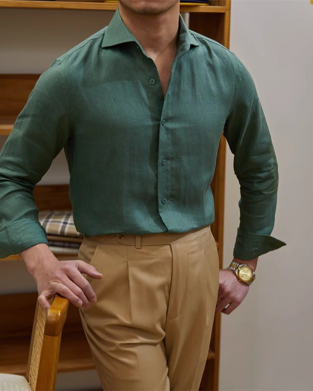 Men's Cotton Linen Casual Solid Color Long Sleeve Shirt