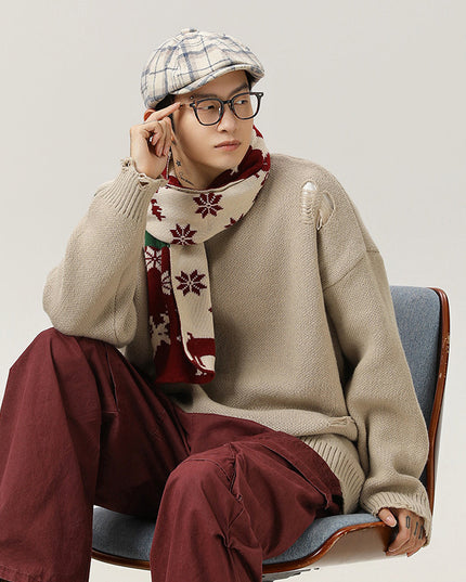 Retro Hollow-out Ripped Design Round Neck Sweater