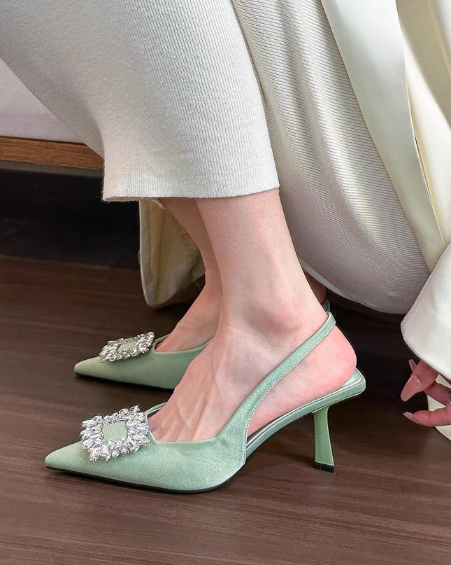 Pointed-toe Square Buckle Rhinestone High-heeled Sandals
