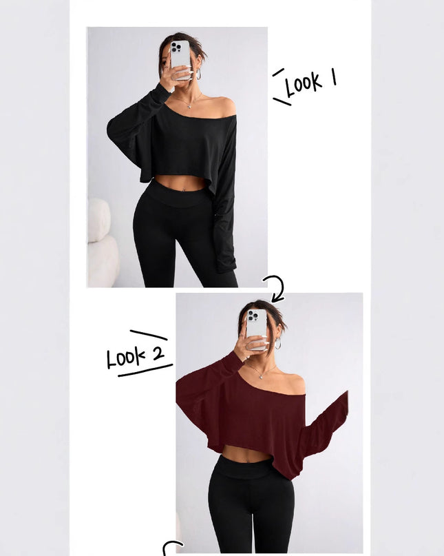 Solid Color Shoulder Long Sleeve Loose-fitting Cropped Top