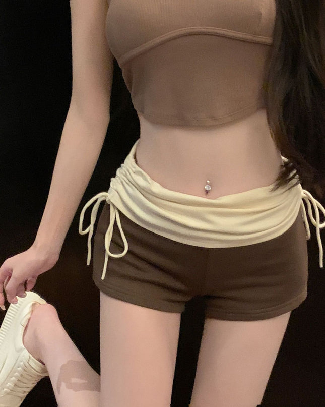 Women's Summer Pleated High Waist Contrast Color Drawstring Casual Shorts