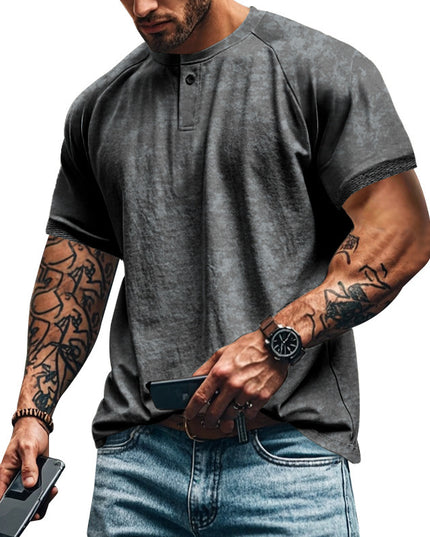 Retro Distressed Henry Collar Short Sleeve Men's T-shirt Heavy Slim Fit Raglan American Style Men's Short Sleeve