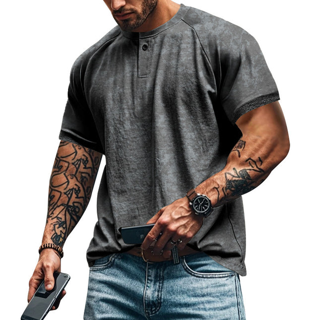 Retro Distressed Henry Collar Short Sleeve Men's T-shirt Heavy Slim Fit Raglan American Style Men's Short Sleeve