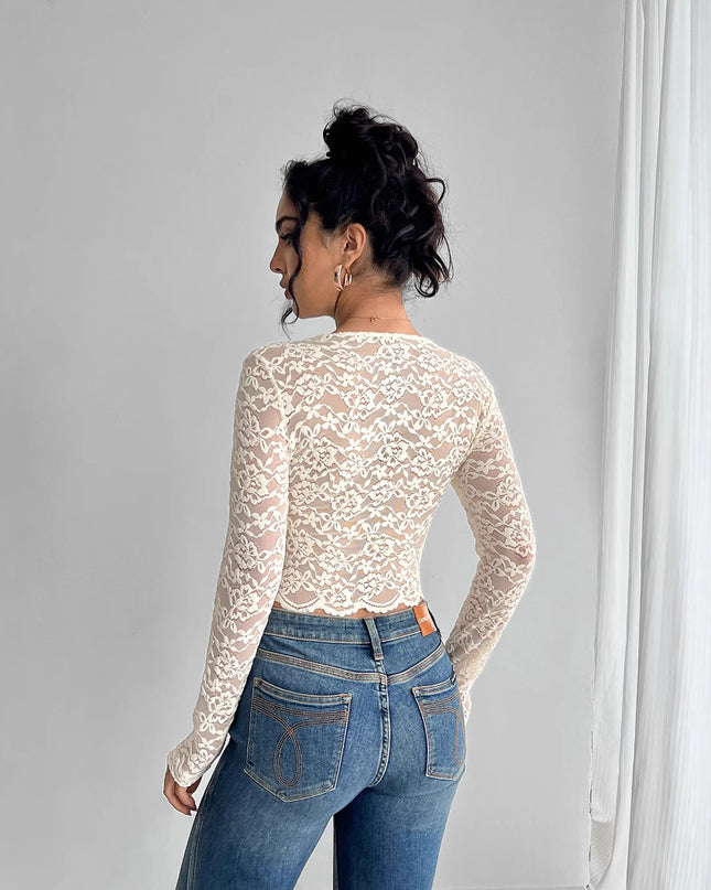 Solid Color Sexy Lace V-neck Long Sleeve T-shirt