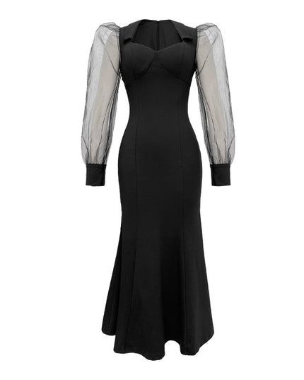 French Style Square Collar Long Dress For Women Hepburn Style Elegant Socialite Mesh Puff Sleeve Fishtail Dress