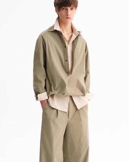 Green Leisure Commute Deep V Elastic Lower Hem Loose Long Sleeve