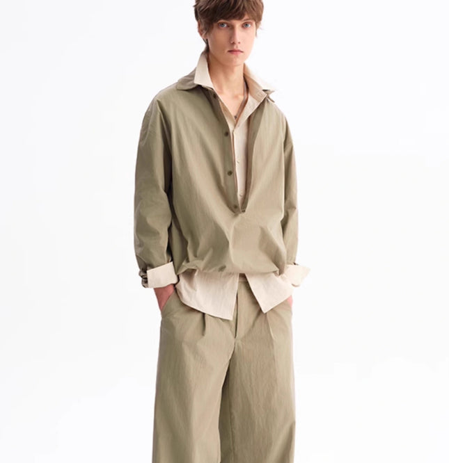 Green Leisure Commute Deep V Elastic Lower Hem Loose Long Sleeve