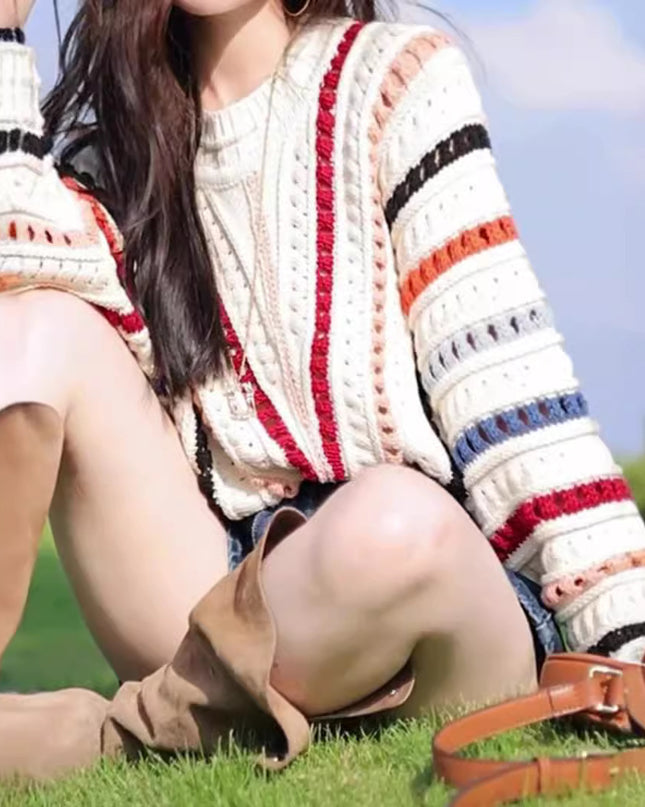 Retro Chic Rainbow Striped Hollow Sweater Round Neck Sweater