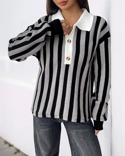 Autumn And Winter Unisex Style Vertical Stripes Lapel Knitted Pullover Sweater Women