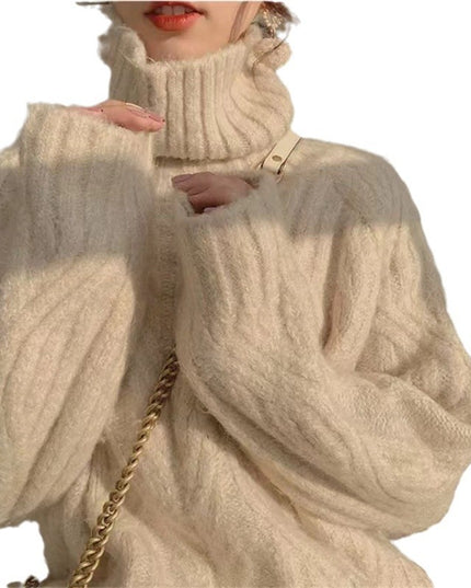 Autumn And Winter New Loose Outer Wear Thick Retro Cable-knit Turtleneck Sweater For Women