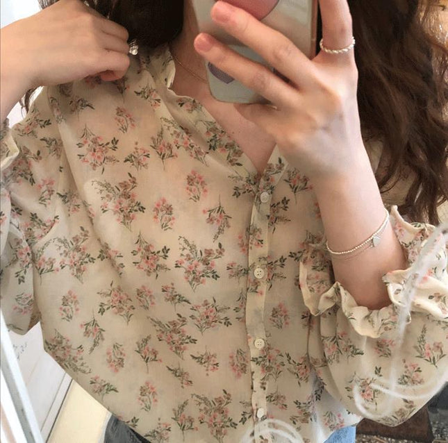 Flare Sleeve Collar Chiffon Top For Women